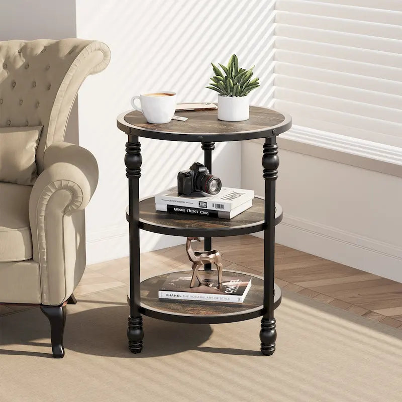Table d'appoint ronde à 3 niveaux avec cadre en métal, marron/noir, style industriel vintage
