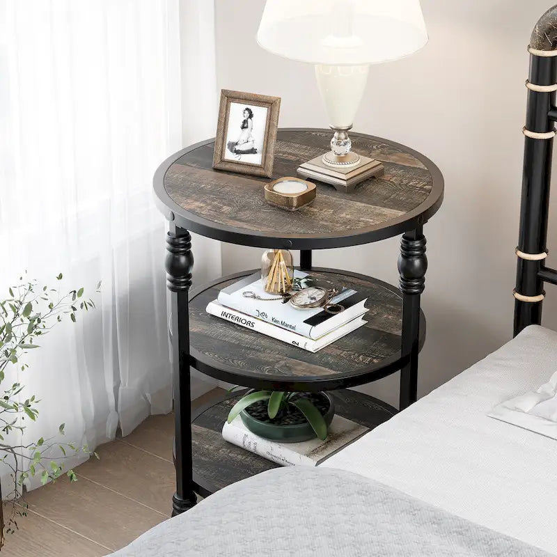 Table d'appoint ronde à 3 niveaux avec cadre en métal, marron/noir, style industriel vintage