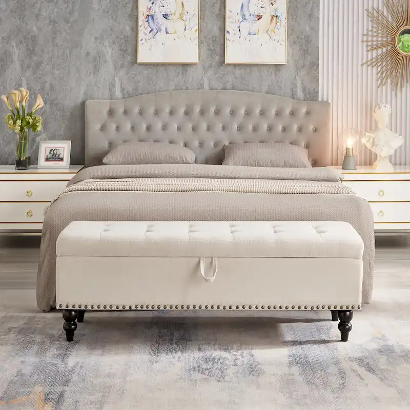 Banc de rangement capitonné, beige/bleu/gris, pour 1 personne, chambre ou salon