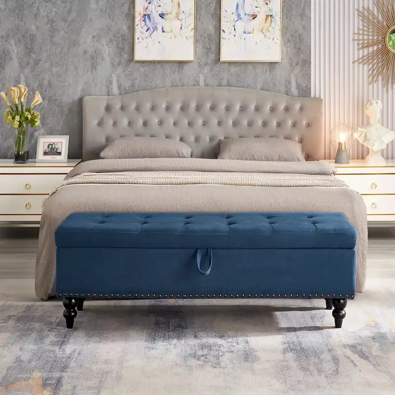 Banc de rangement capitonné, beige/bleu/gris, pour 1 personne, chambre ou salon