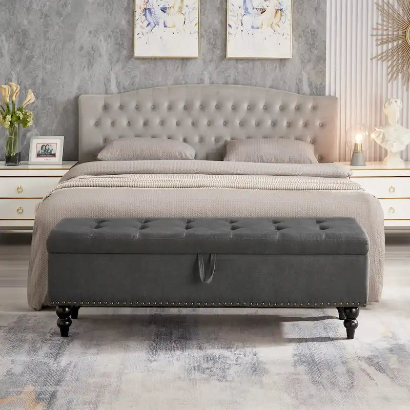 Banc de rangement capitonné, beige/bleu/gris, pour 1 personne, chambre ou salon