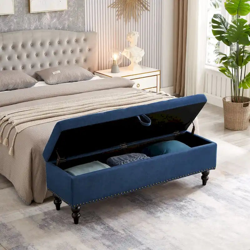 Banc de rangement capitonné, beige/bleu/gris, pour 1 personne, chambre ou salon