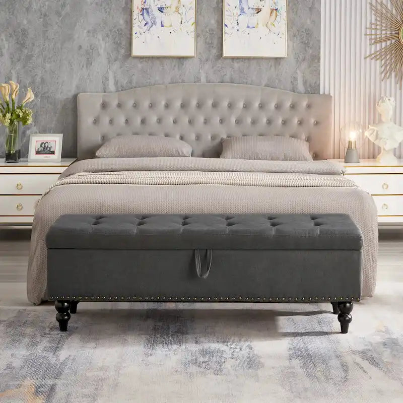Banc de rangement capitonné, beige/bleu/gris, pour 1 personne, chambre ou salon