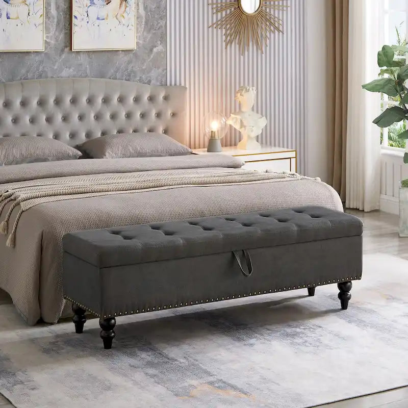 Banc de rangement capitonné, beige/bleu/gris, pour 1 personne, chambre ou salon