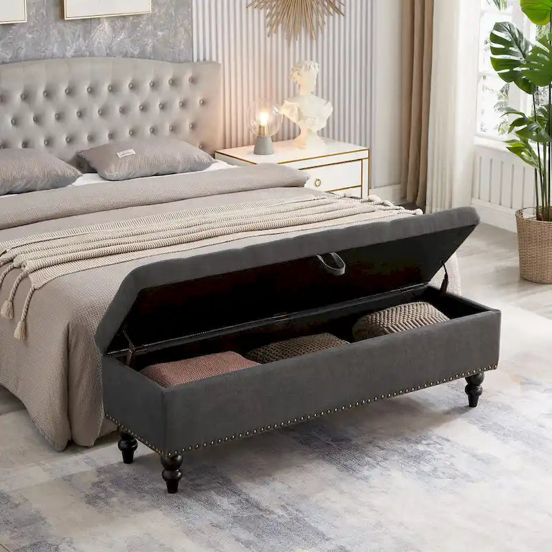 Banc de rangement capitonné, beige/bleu/gris, pour 1 personne, chambre ou salon