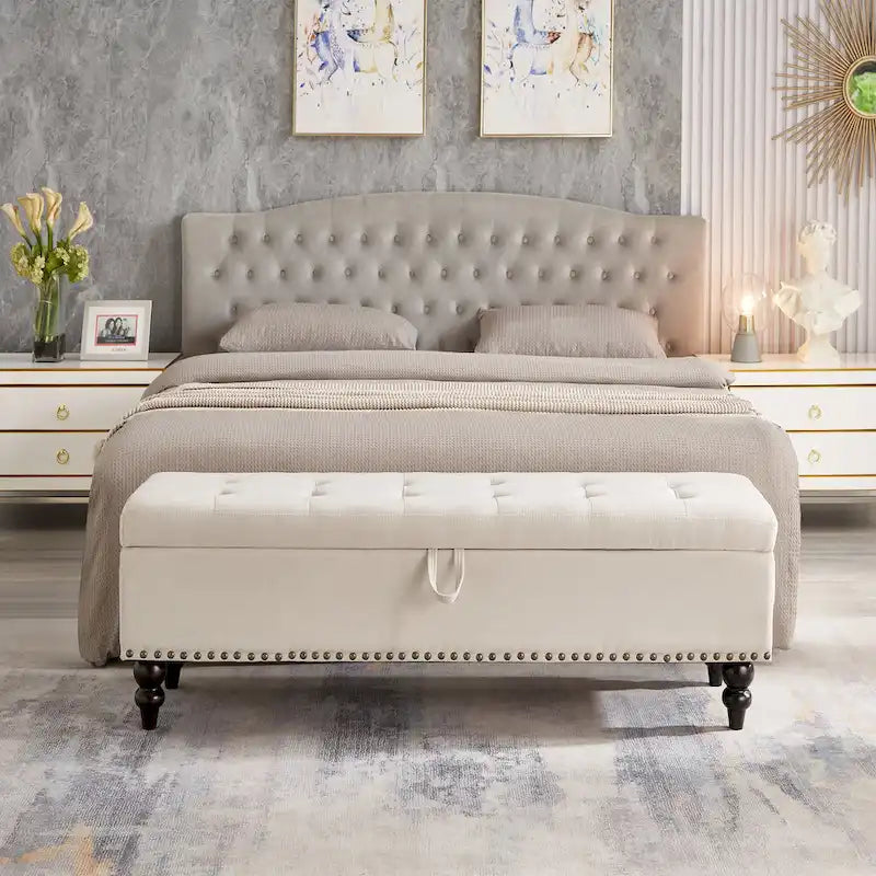 Banc de rangement capitonné, beige/bleu/gris, pour 1 personne, chambre ou salon