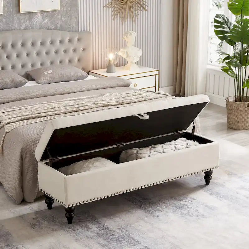 Banc de rangement capitonné, beige/bleu/gris, pour 1 personne, chambre ou salon