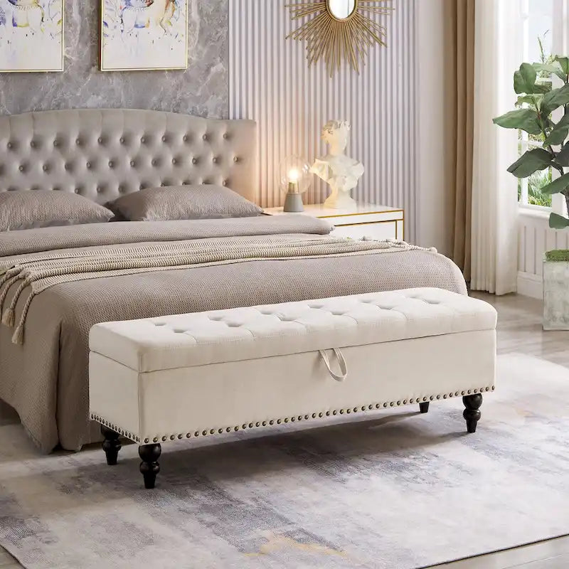 Banc de rangement capitonné, beige/bleu/gris, pour 1 personne, chambre ou salon