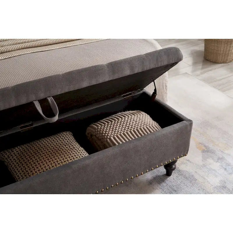 Banc de rangement capitonné, beige/bleu/gris, pour 1 personne, chambre ou salon