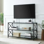 Meuble TV géométrique en acier avec étagères en verre trempé, bronze noirci/laiton, pour téléviseurs jusqu'à 5 pouces