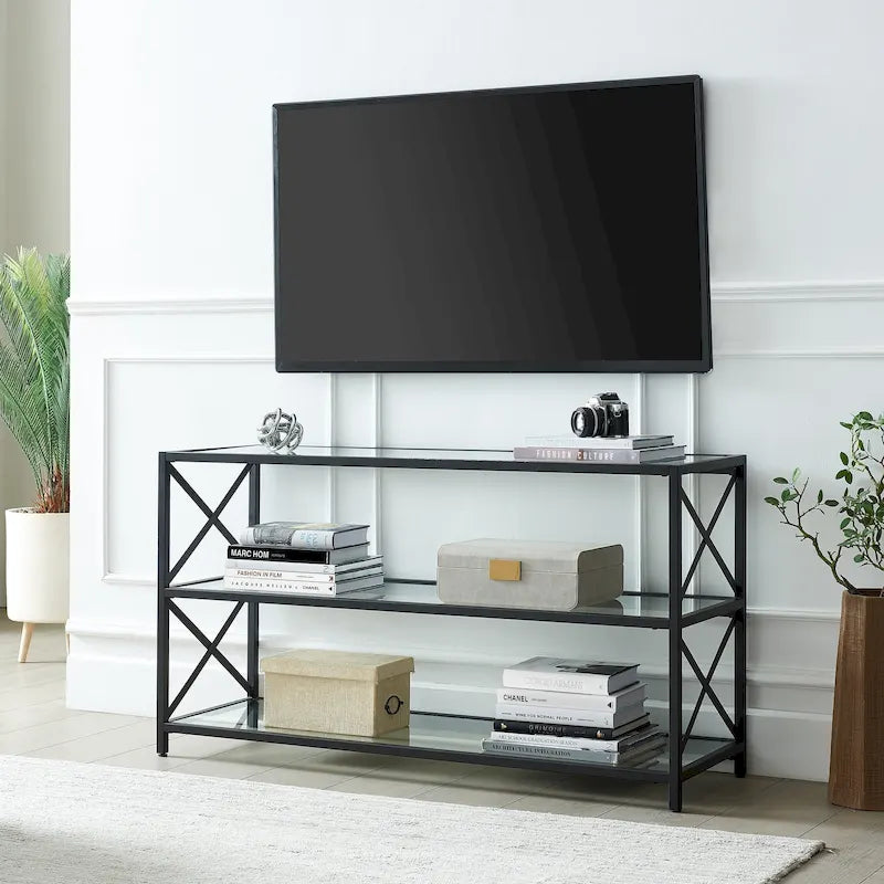 Meuble TV géométrique en acier avec étagères en verre trempé, bronze noirci/laiton, pour téléviseurs jusqu'à 5 pouces