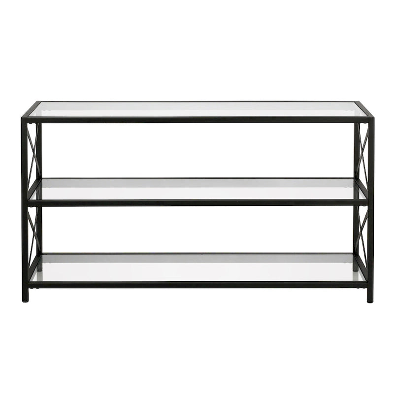 Meuble TV géométrique en acier avec étagères en verre trempé, bronze noirci/laiton, pour téléviseurs jusqu'à 5 pouces