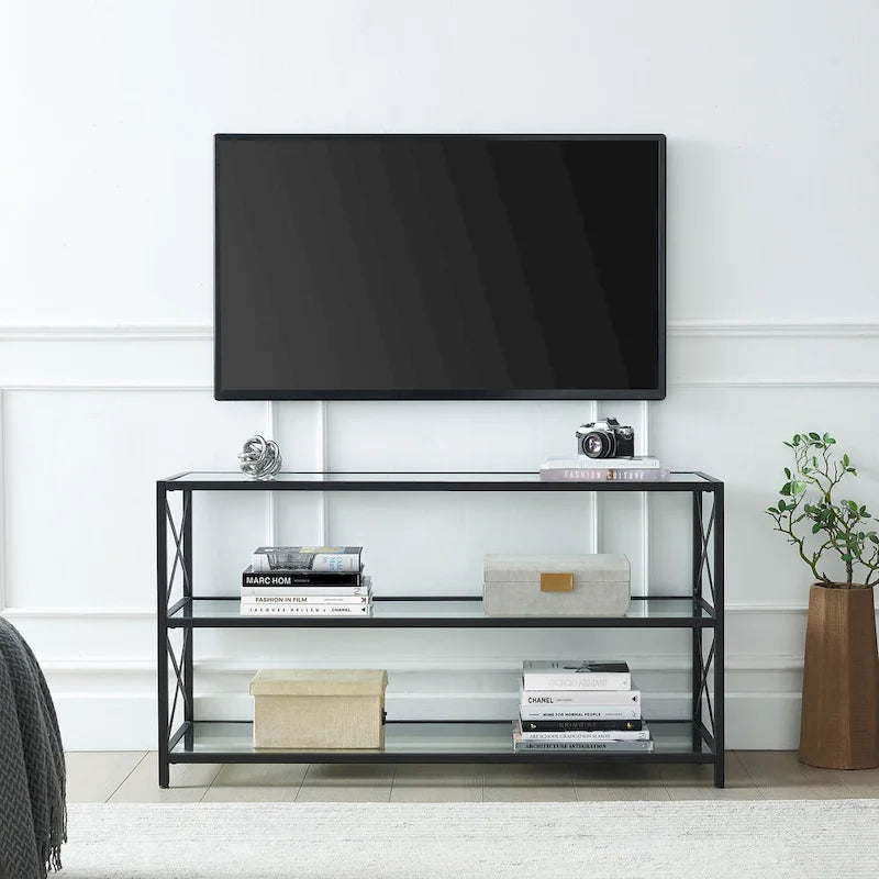 Meuble TV géométrique en acier avec étagères en verre trempé, bronze noirci/laiton, pour téléviseurs jusqu'à 5 pouces