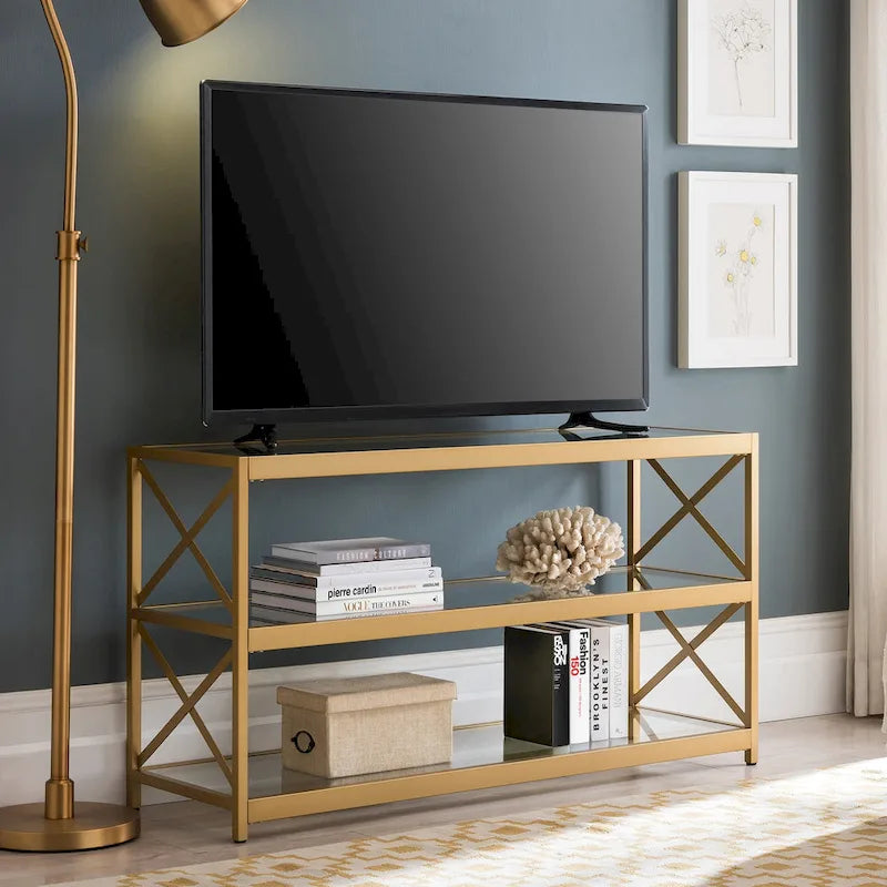 Meuble TV géométrique en acier avec étagères en verre trempé, bronze noirci/laiton, pour téléviseurs jusqu'à 5 pouces
