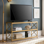 Meuble TV géométrique en acier avec étagères en verre trempé, bronze noirci/laiton, pour téléviseurs jusqu'à 5 pouces