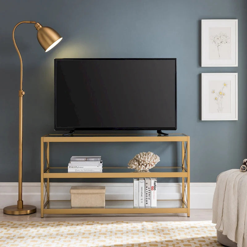 Meuble TV géométrique en acier avec étagères en verre trempé, bronze noirci/laiton, pour téléviseurs jusqu'à 5 pouces
