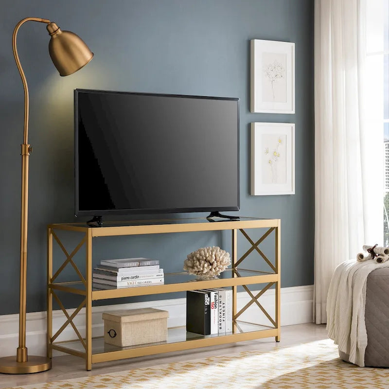 Meuble TV géométrique en acier avec étagères en verre trempé, bronze noirci/laiton, pour téléviseurs jusqu'à 5 pouces