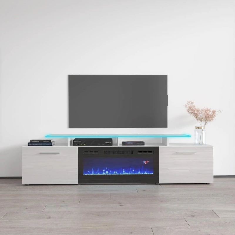 Meuble TV avec cheminée électrique, Blanc / Noir / Blanc-Gris / Blanc-Noir, Style moderne, Convient aux téléviseurs jusqu'à 85"