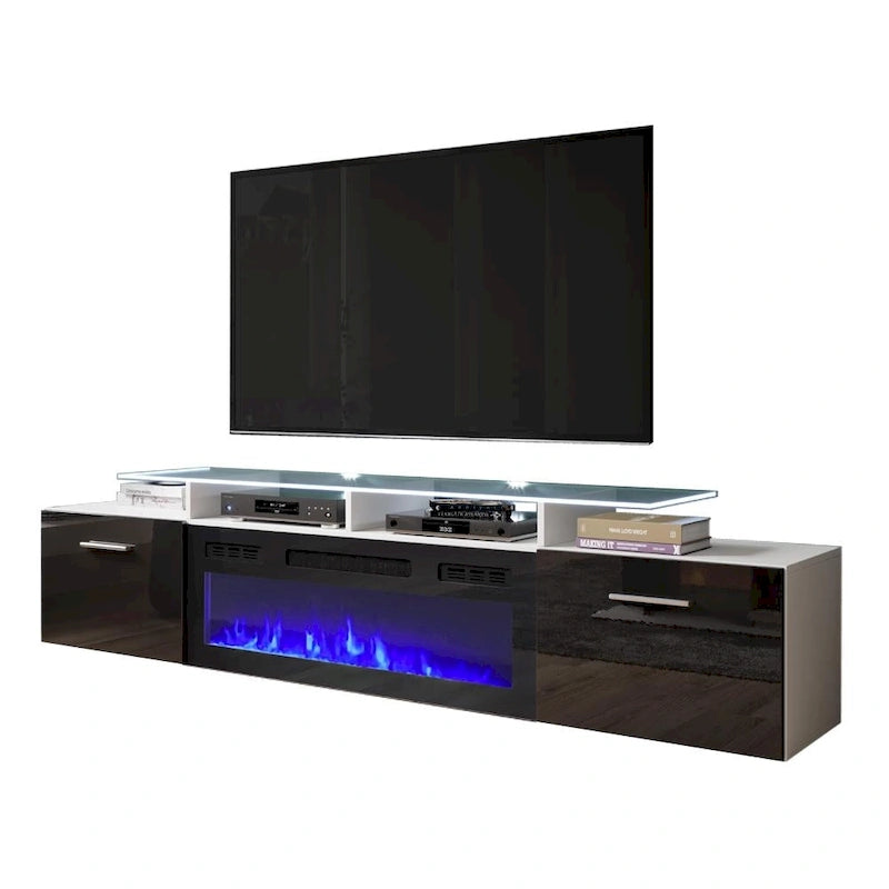 Meuble TV avec cheminée électrique, Blanc / Noir / Blanc-Gris / Blanc-Noir, Style moderne, Convient aux téléviseurs jusqu'à 85"