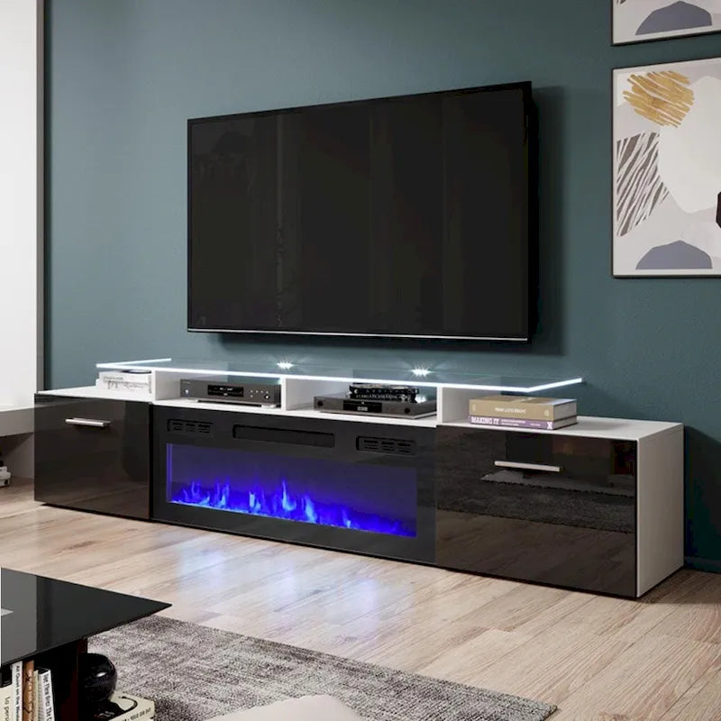 Meuble TV avec cheminée électrique, Blanc / Noir / Blanc-Gris / Blanc-Noir, Style moderne, Convient aux téléviseurs jusqu'à 85"