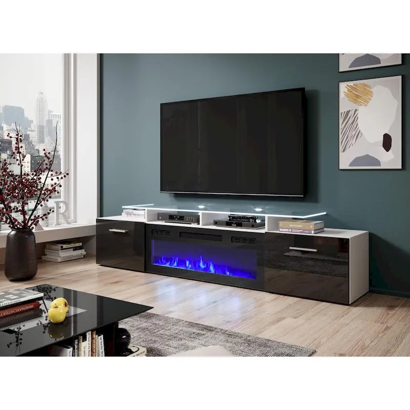 Meuble TV avec cheminée électrique, Blanc / Noir / Blanc-Gris / Blanc-Noir, Style moderne, Convient aux téléviseurs jusqu'à 85"