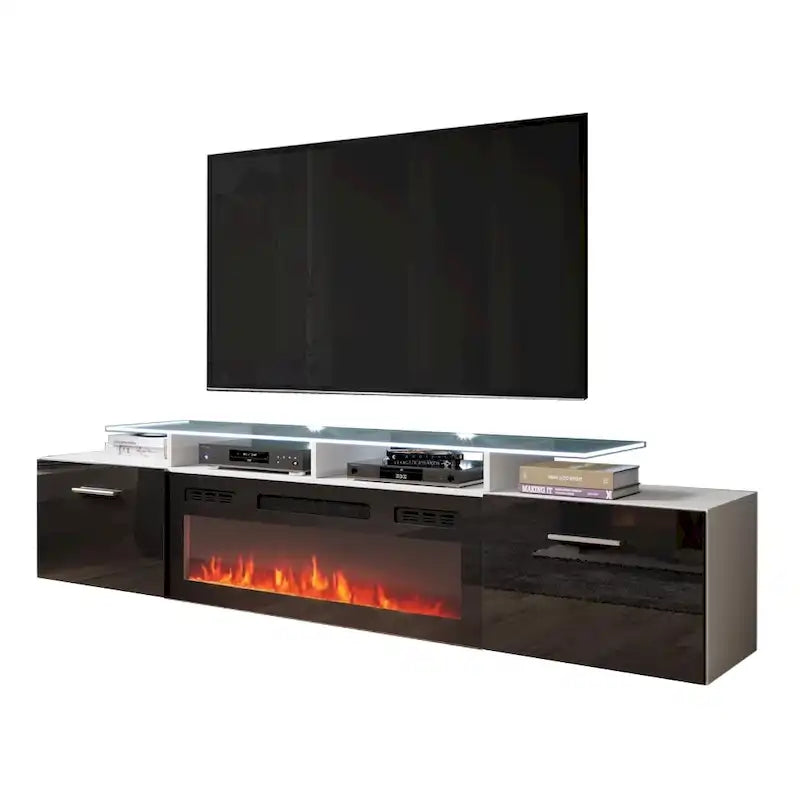 Meuble TV avec cheminée électrique, Blanc / Noir / Blanc-Gris / Blanc-Noir, Style moderne, Convient aux téléviseurs jusqu'à 85"