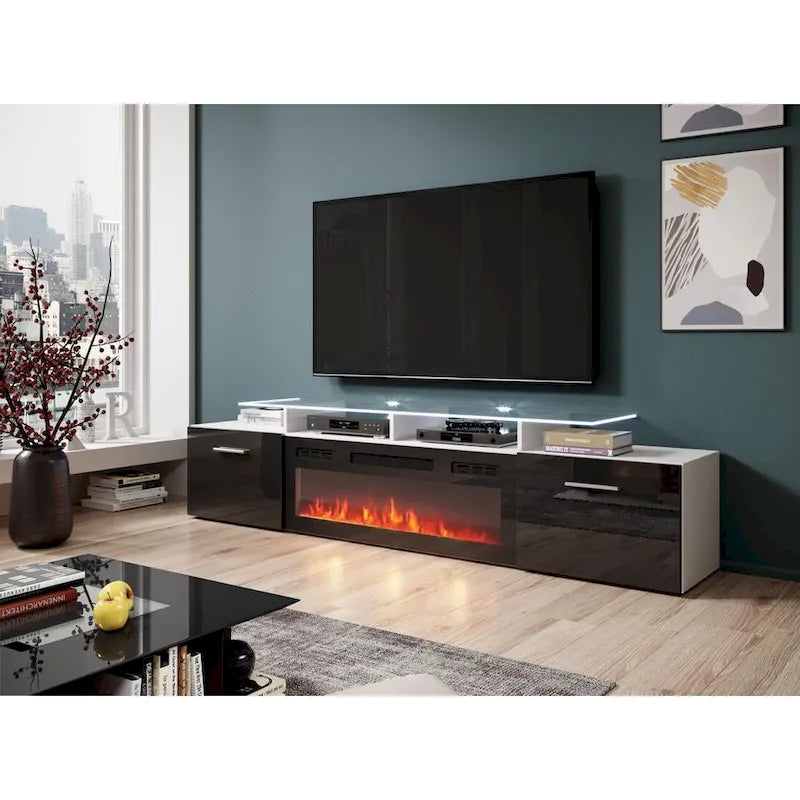 Meuble TV avec cheminée électrique, Blanc / Noir / Blanc-Gris / Blanc-Noir, Style moderne, Convient aux téléviseurs jusqu'à 85"