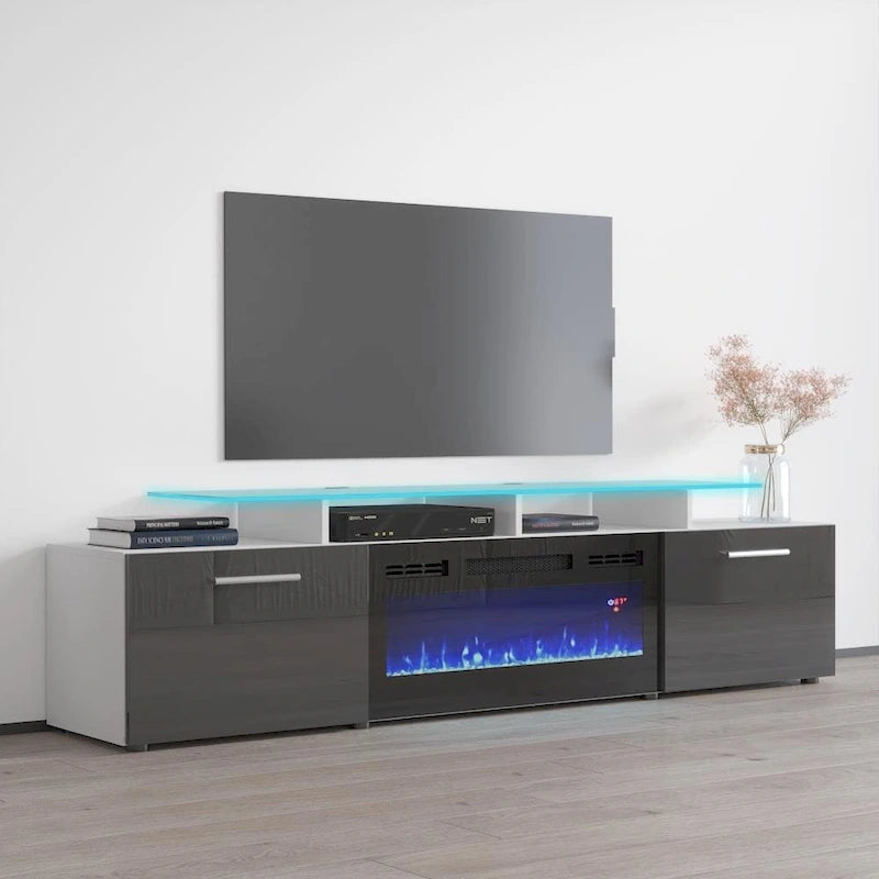 Meuble TV avec cheminée électrique, Blanc / Noir / Blanc-Gris / Blanc-Noir, Style moderne, Convient aux téléviseurs jusqu'à 85"