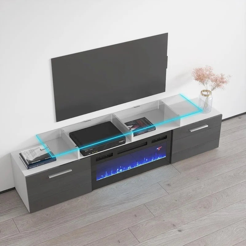 Meuble TV avec cheminée électrique, Blanc / Noir / Blanc-Gris / Blanc-Noir, Style moderne, Convient aux téléviseurs jusqu'à 85"