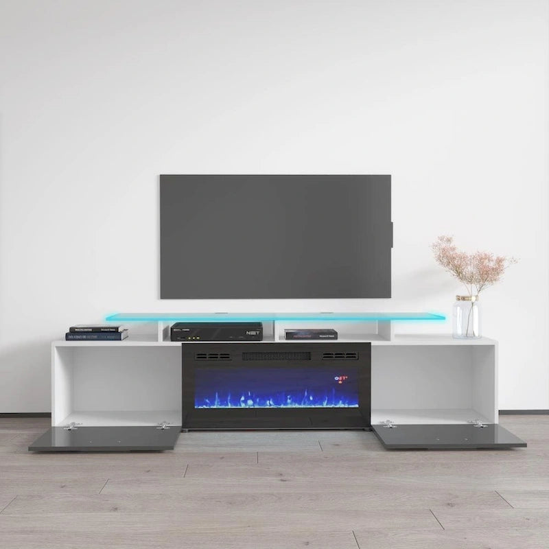 Meuble TV avec cheminée électrique, Blanc / Noir / Blanc-Gris / Blanc-Noir, Style moderne, Convient aux téléviseurs jusqu'à 85"