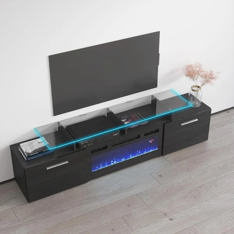 Meuble TV avec cheminée électrique, Blanc / Noir / Blanc-Gris / Blanc-Noir, Style moderne, Convient aux téléviseurs jusqu'à 85"