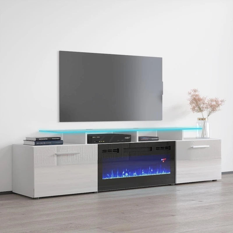 Meuble TV avec cheminée électrique, Blanc / Noir / Blanc-Gris / Blanc-Noir, Style moderne, Convient aux téléviseurs jusqu'à 85"