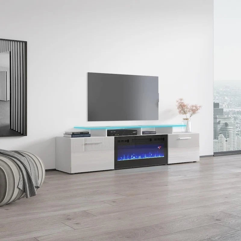 Meuble TV avec cheminée électrique, Blanc / Noir / Blanc-Gris / Blanc-Noir, Style moderne, Convient aux téléviseurs jusqu'à 85"