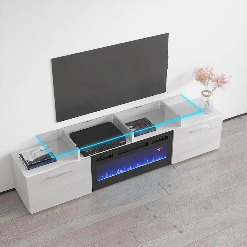 Meuble TV avec cheminée électrique, Blanc / Noir / Blanc-Gris / Blanc-Noir, Style moderne, Convient aux téléviseurs jusqu'à 85"