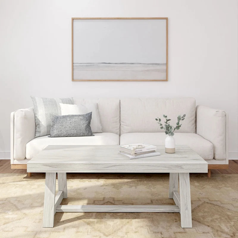 Table basse rectangulaire en pin, finition blonde / coquille / noix de pécan / brossée blanc côtier, style campagnard