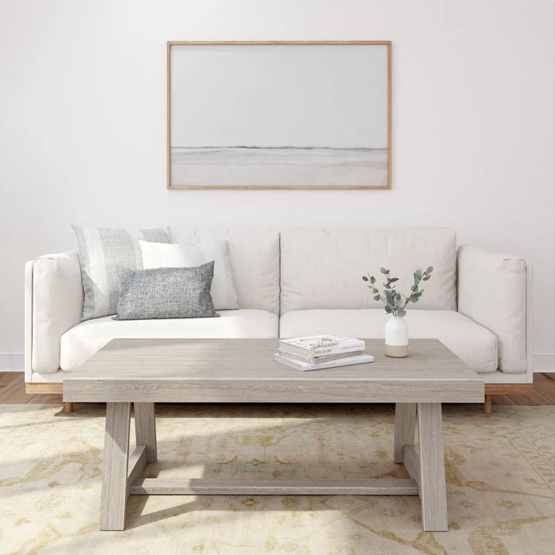Table basse rectangulaire en pin, finition blonde / coquille / noix de pécan / brossée blanc côtier, style campagnard