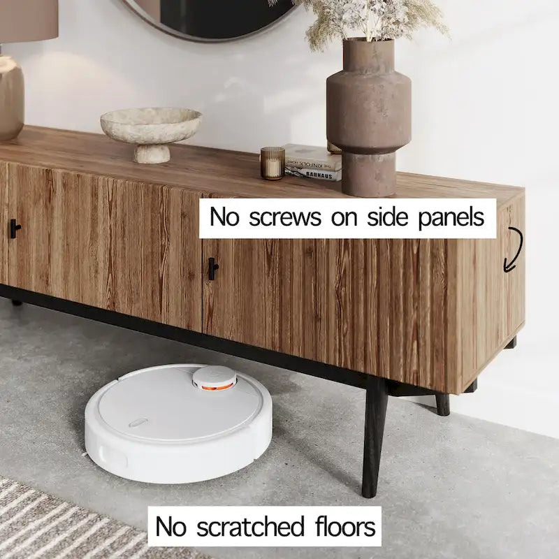 Meuble TV à lattes avec pieds en bois et portes de rangement, marron / marron clair / beige / acajou, style scandinave du milieu du siècle, convient aux téléviseurs jusqu'à 65 pouces