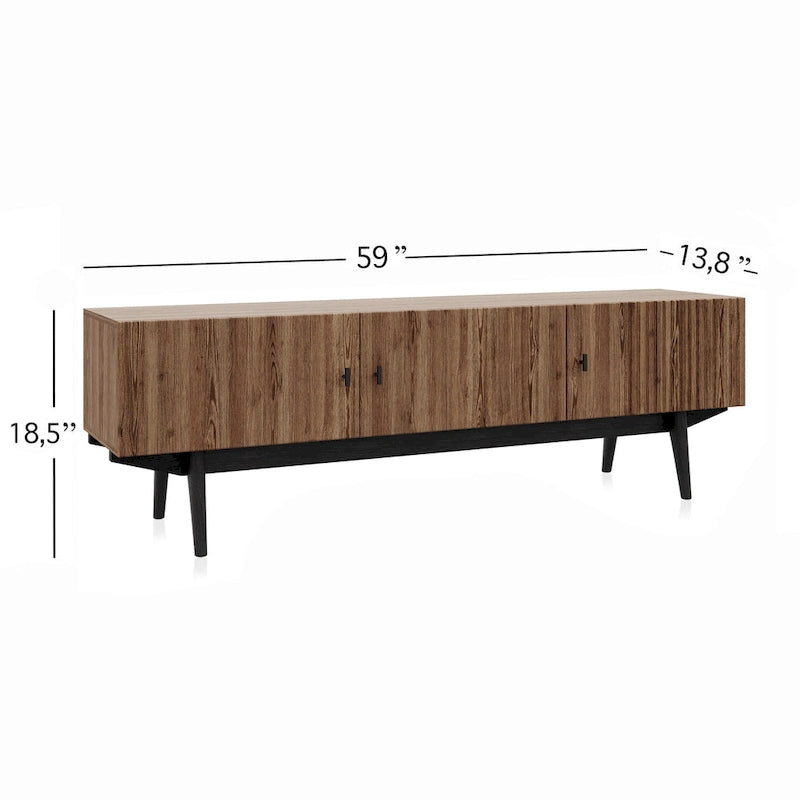 Meuble TV à lattes avec pieds en bois et portes de rangement, marron / marron clair / beige / acajou, style scandinave du milieu du siècle, convient aux téléviseurs jusqu'à 65 pouces