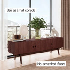Meuble TV à lattes avec pieds en bois et portes de rangement, marron / marron clair / beige / acajou, style scandinave du milieu du siècle, convient aux téléviseurs jusqu'à 65 pouces