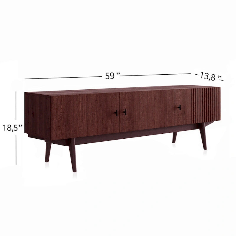 Meuble TV à lattes avec pieds en bois et portes de rangement, marron / marron clair / beige / acajou, style scandinave du milieu du siècle, convient aux téléviseurs jusqu'à 65 pouces