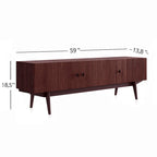 Meuble TV à lattes avec pieds en bois et portes de rangement, marron / marron clair / beige / acajou, style scandinave du milieu du siècle, convient aux téléviseurs jusqu'à 65 pouces