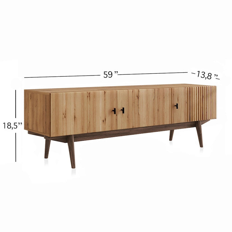 Meuble TV à lattes avec pieds en bois et portes de rangement, marron / marron clair / beige / acajou, style scandinave du milieu du siècle, convient aux téléviseurs jusqu'à 65 pouces
