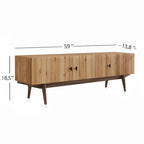 Meuble TV à lattes avec pieds en bois et portes de rangement, marron / marron clair / beige / acajou, style scandinave du milieu du siècle, convient aux téléviseurs jusqu'à 65 pouces