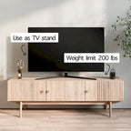 Meuble TV à lattes avec pieds en bois et portes de rangement, marron / marron clair / beige / acajou, style scandinave du milieu du siècle, convient aux téléviseurs jusqu'à 65 pouces