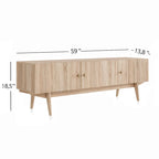 Meuble TV à lattes avec pieds en bois et portes de rangement, marron / marron clair / beige / acajou, style scandinave du milieu du siècle, convient aux téléviseurs jusqu'à 65 pouces