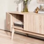Meuble TV à lattes avec pieds en bois et portes de rangement, marron / marron clair / beige / acajou, style scandinave du milieu du siècle, convient aux téléviseurs jusqu'à 65 pouces