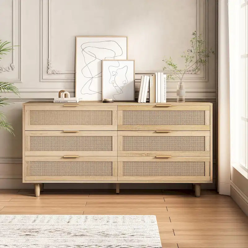 Meuble de rangement 6 tiroirs en rotin, Naturel/Noir, Style moderne, Chambre individuelle