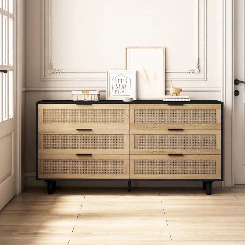 Meuble de rangement 6 tiroirs en rotin, Naturel/Noir, Style moderne, Chambre individuelle