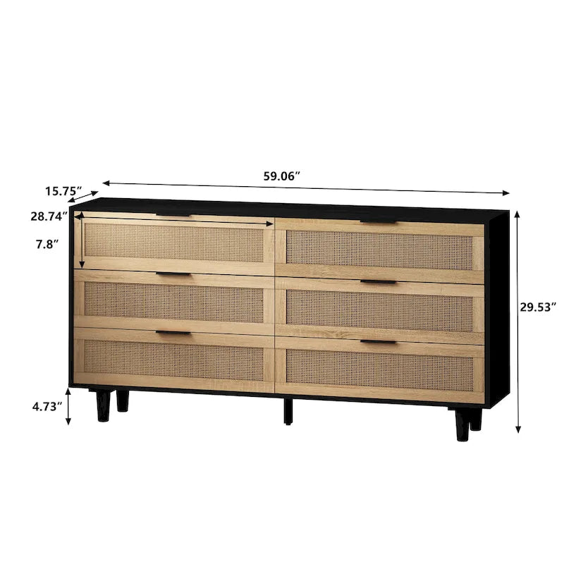 Meuble de rangement 6 tiroirs en rotin, Naturel/Noir, Style moderne, Chambre individuelle