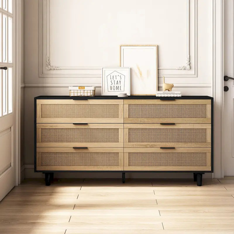 Meuble de rangement 6 tiroirs en rotin, Naturel/Noir, Style moderne, Chambre individuelle